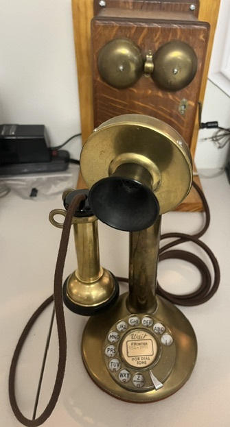 Brass Western Electric candlestick desk stand with oak ringer box