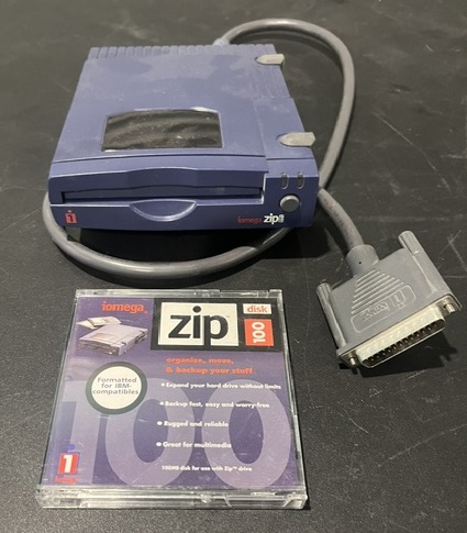 Iomega Zip 100 parallel drive and 100 MB disk
